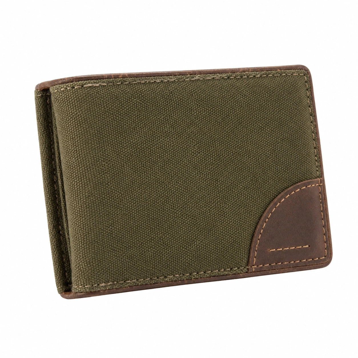 Portefeuille pliant 12 x 9.5 cm en toile kaki et cuir marron style classique