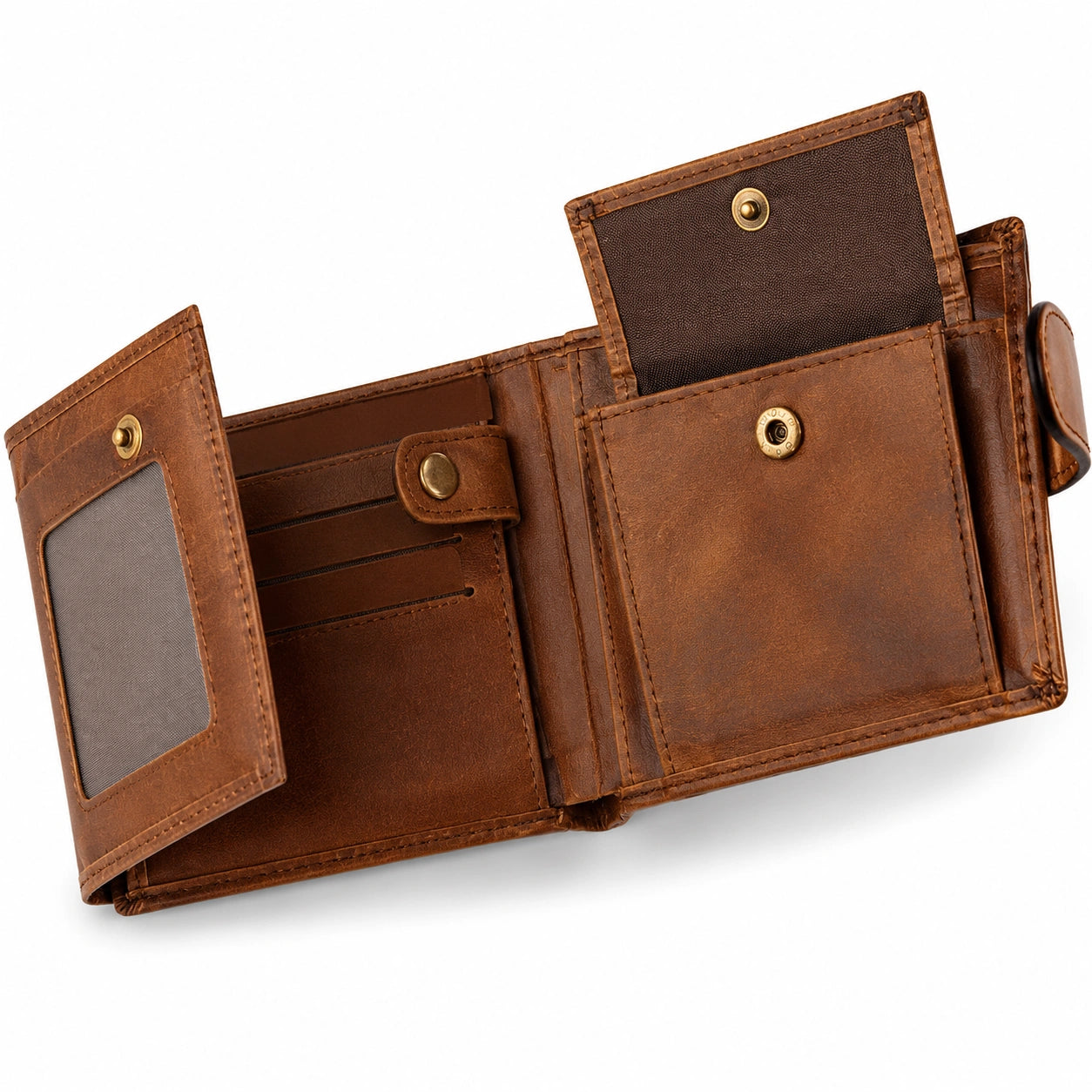 Portefeuille homme 12 x 9 x 2 cm en similicuir marron avec porte-monnaie et fermeture pression