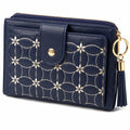 Portefeuille compact 13 x 9 x 2.5 cm en simili cuir bleu marine à broderie florale avec fermeture zippée