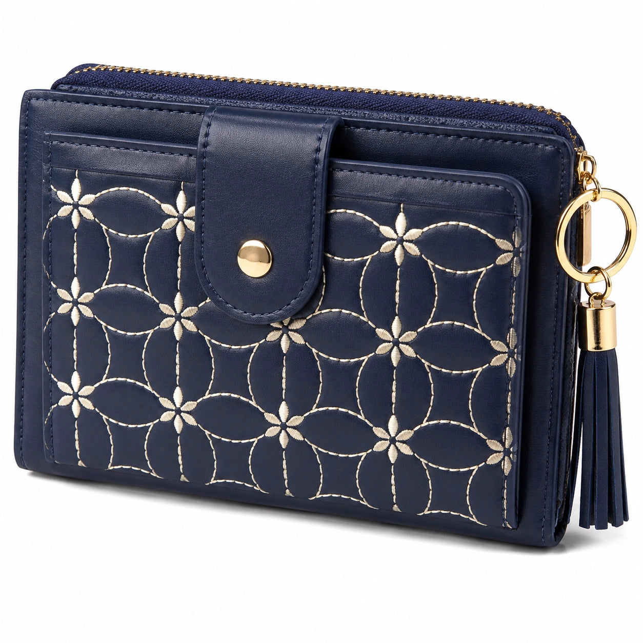 Portefeuille compact 13 x 9 x 2.5 cm en simili cuir bleu marine à broderie florale avec fermeture zippée