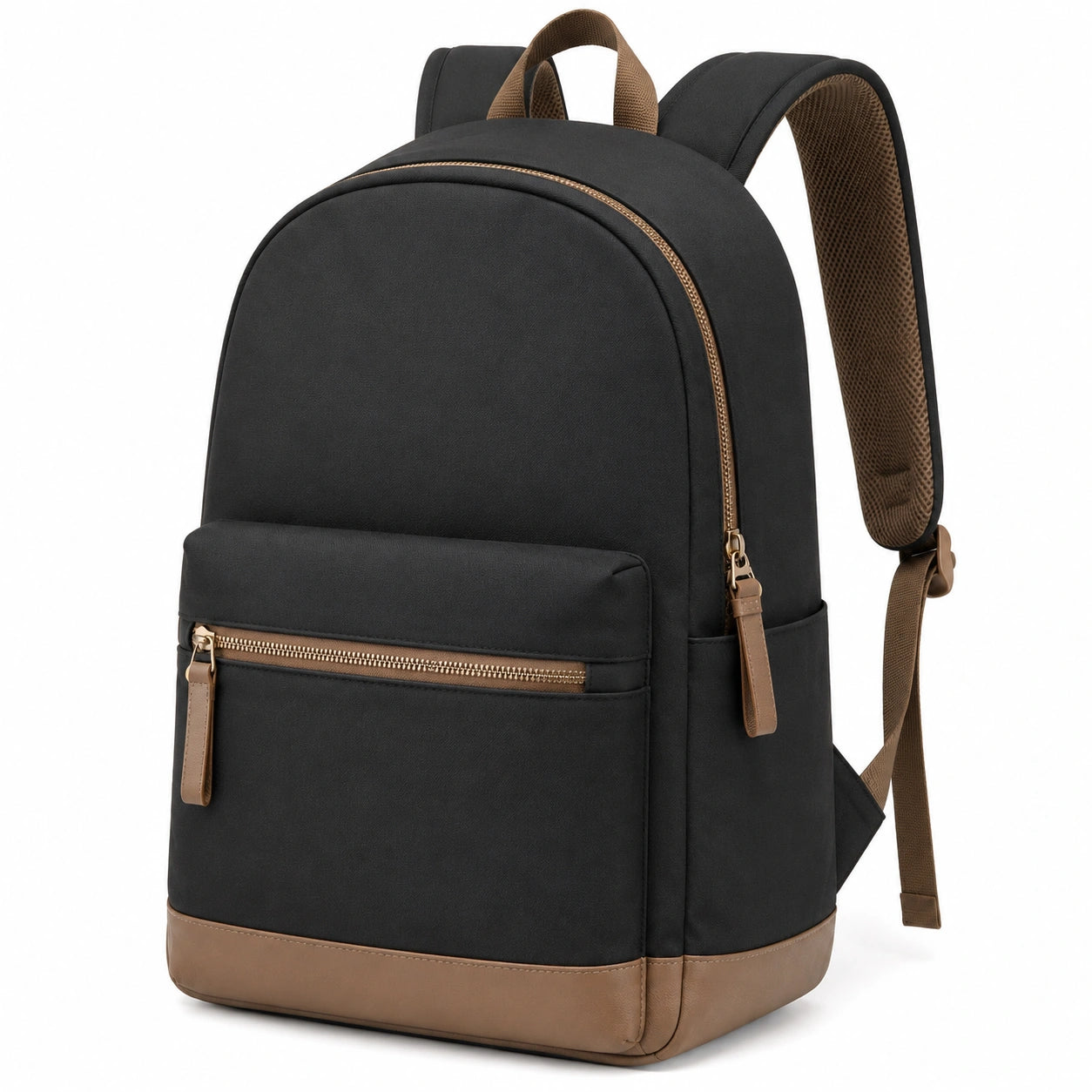 Sac à dos 30 x 16 x 42 cm en textile noir et marron avec poches zippées urbain