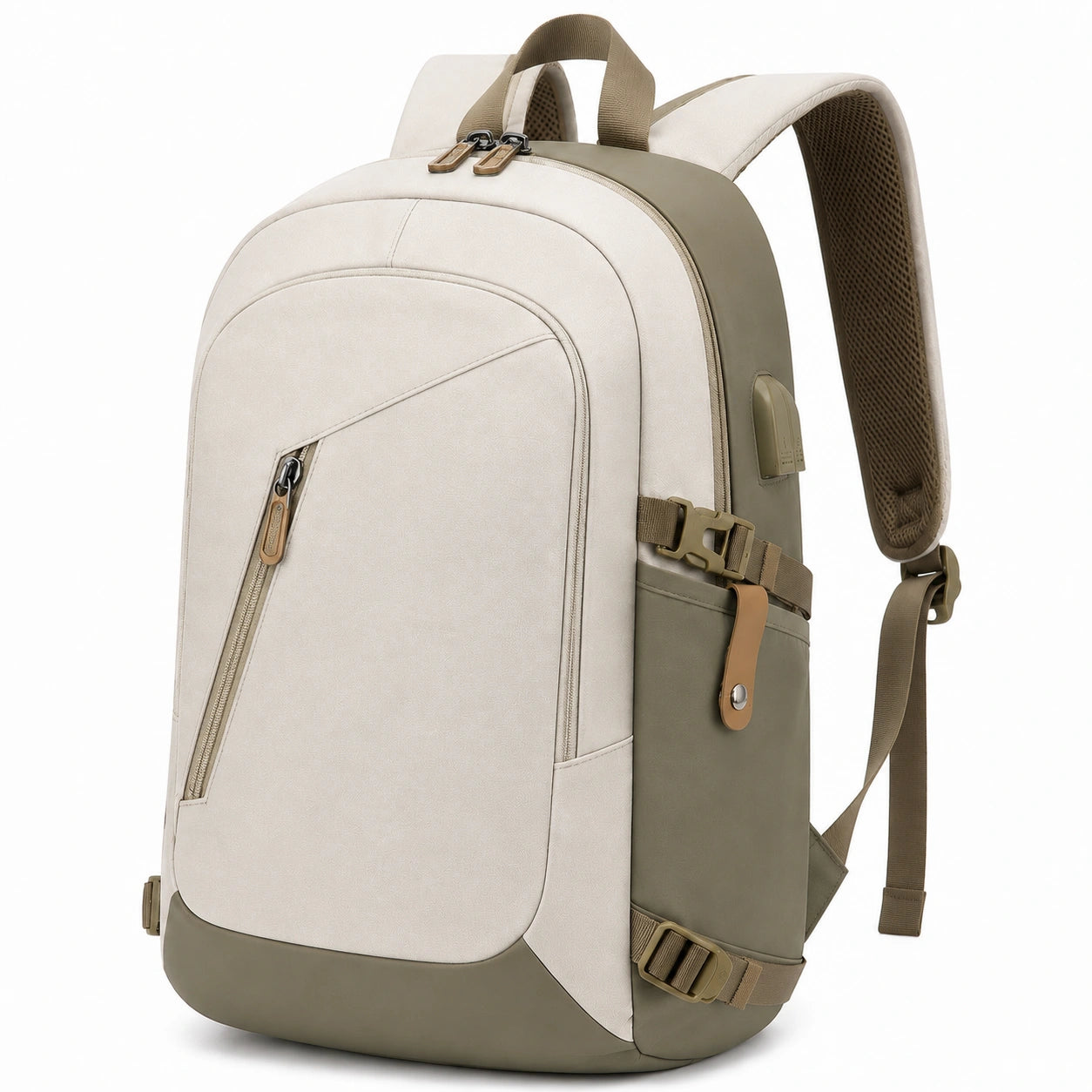 Sac à dos 45 x 30 x 18 cm en textile beige et kaki à compartiments pour usage quotidien