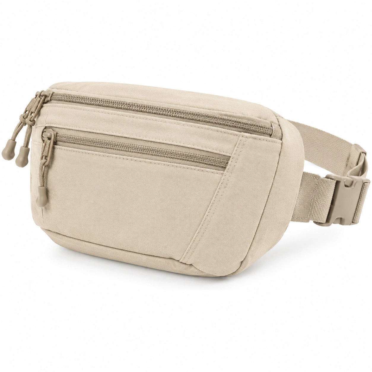 Sac banane 30 x 16 x 8 cm en textile beige à compartiments zippés pour usage quotidien