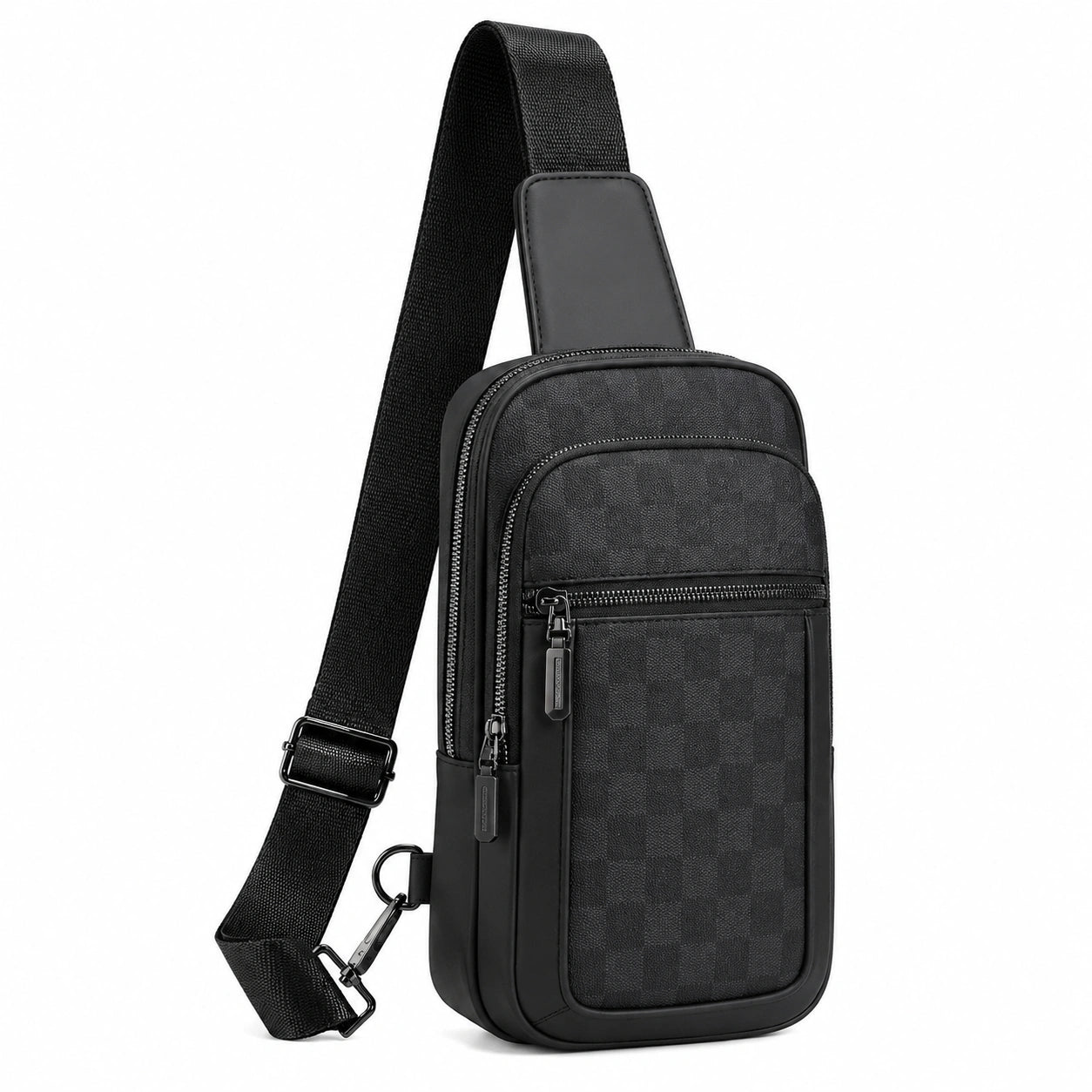 Sac bandoulière poitrine 32 cm noir en similicuir à compartiments zippés