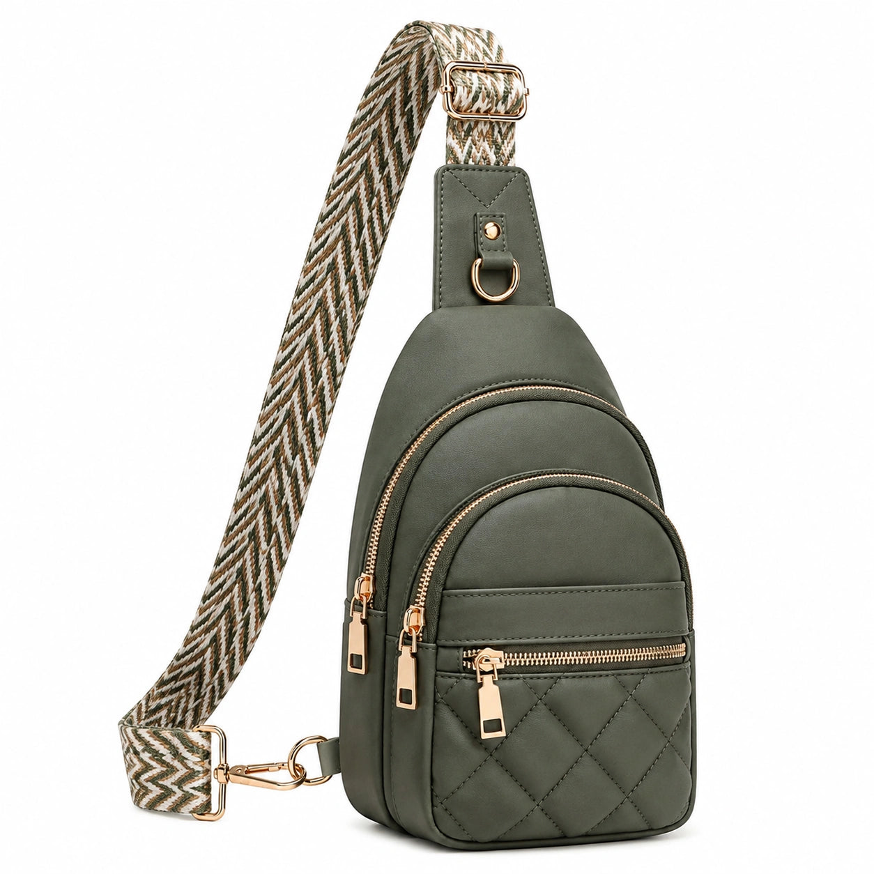 Sac à dos bandoulière 18 x 8 x 30 cm en simili cuir vert kaki matelassé à poches zippées