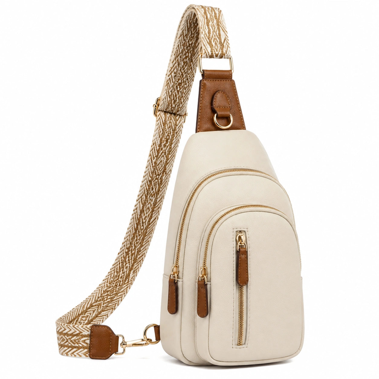 Sac bandoulière 18 x 8 x 30 cm en similicuir beige et marron à poches zippées