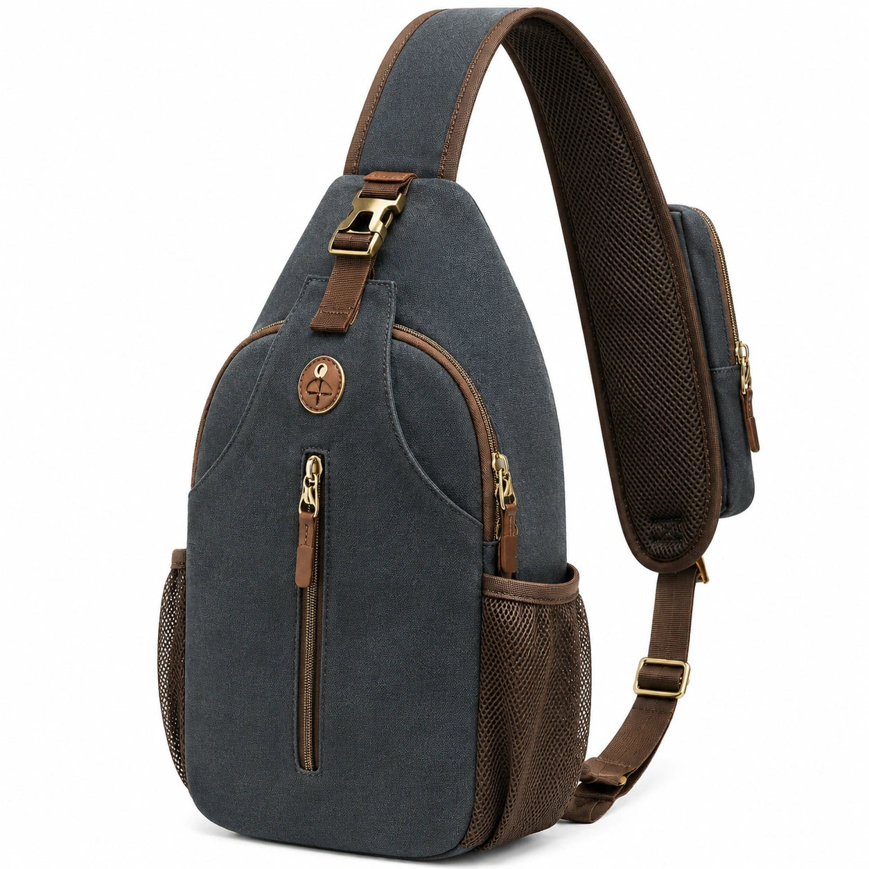 Sac à dos bandoulière 18 x 9 x 32 cm en textile gris anthracite et marron avec poches zippées
