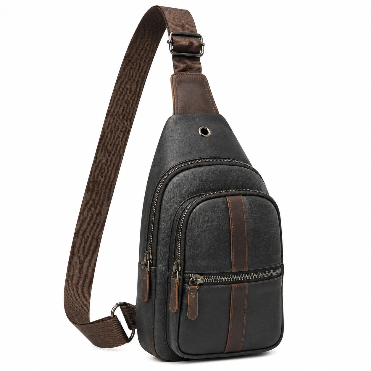 Sac bandoulière 18 x 8 x 33 cm en similicuir noir et marron à compartiments style urbain