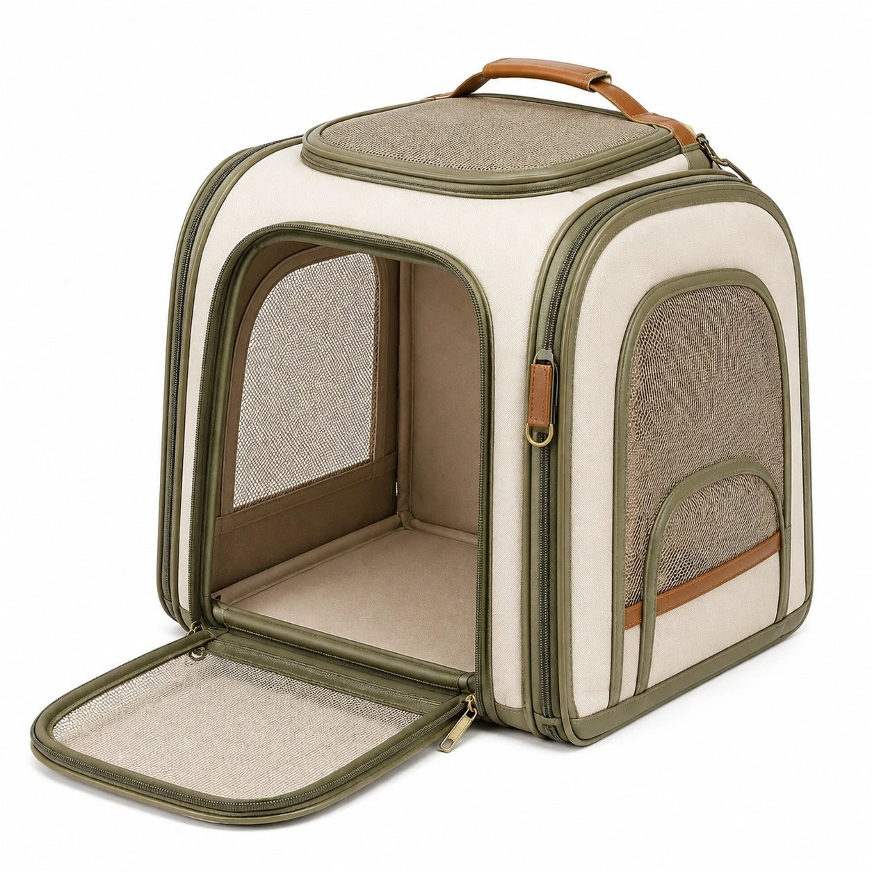 Sac de transport pour chat 45 x 30 x 35 cm en textile beige vert avec panneaux en maille