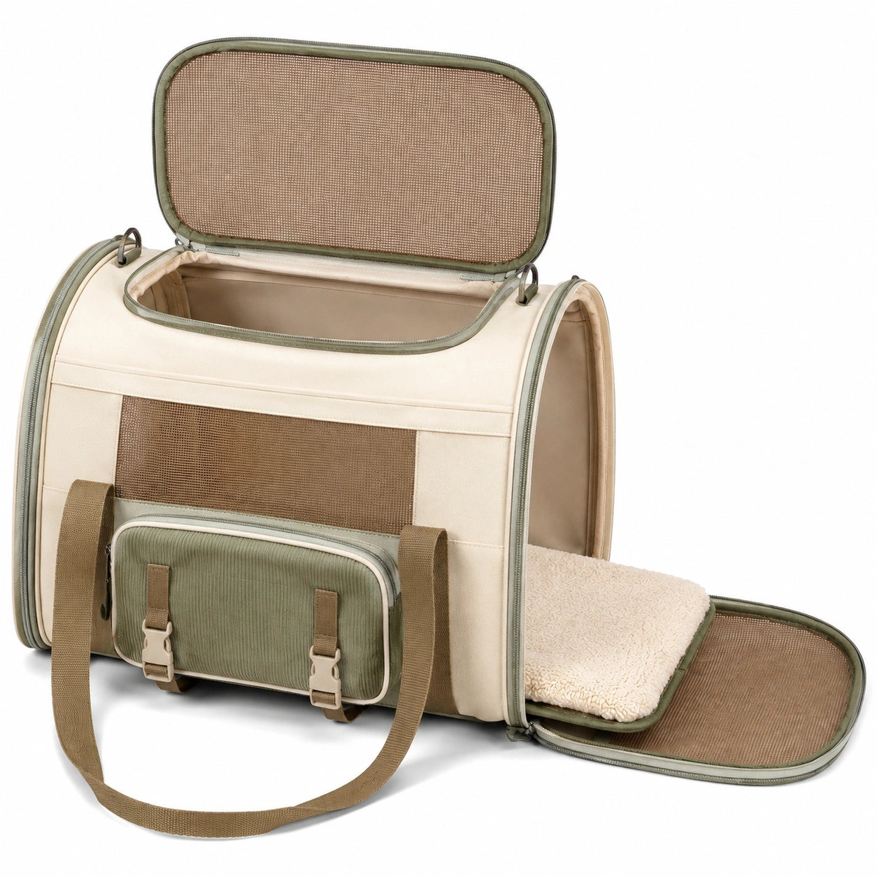 Sac de transport pour animaux 45 x 28 x 30 cm en tissu beige et vert avec panneaux en maille