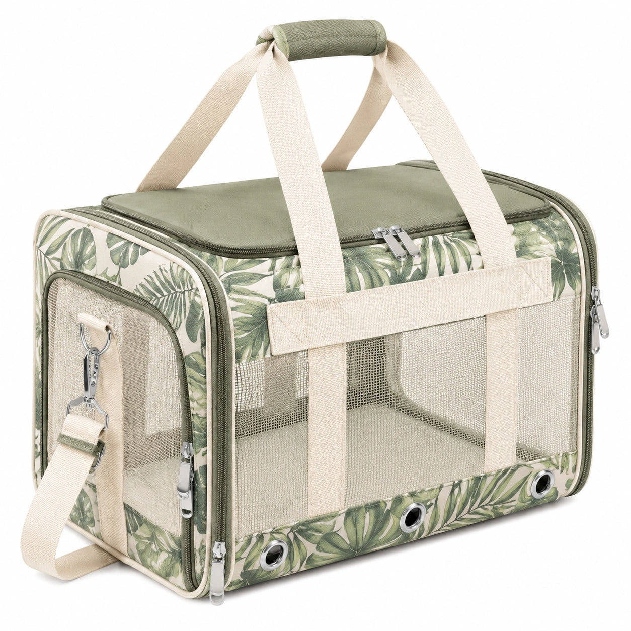 Sac de transport pour animal 45 x 30 x 30 cm textile vert beige à motif feuilles avec fenêtres en maille