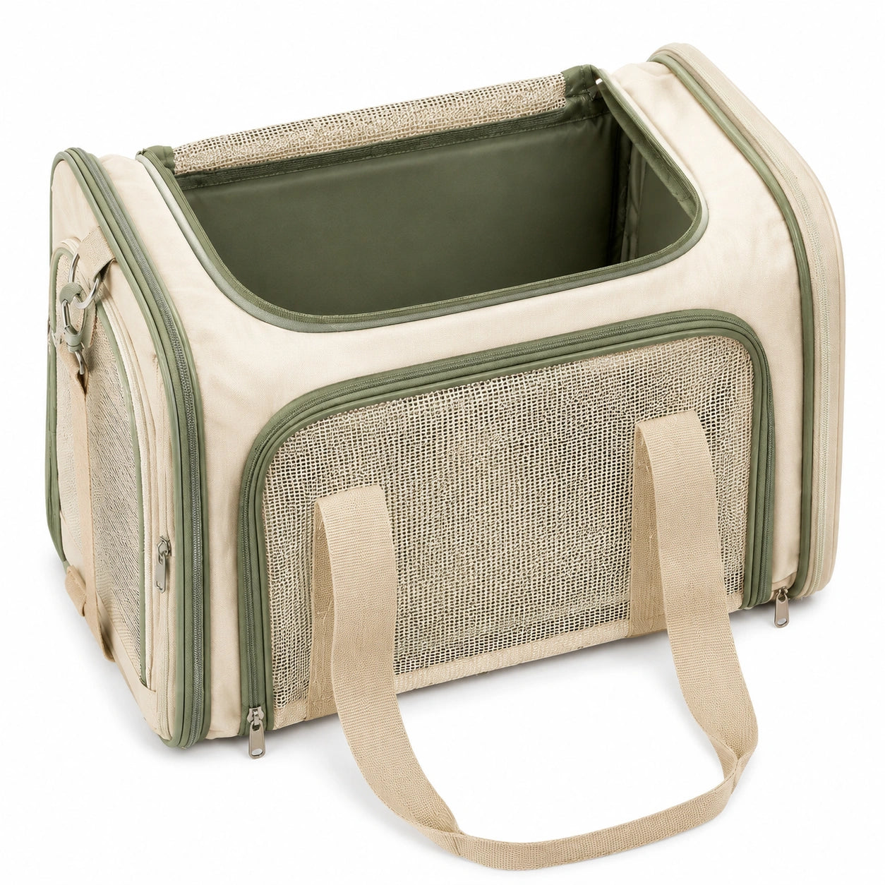 Sac de transport pour animaux 45 x 28 x 28 cm en polyester beige et vert olive avec panneaux en maille respirante