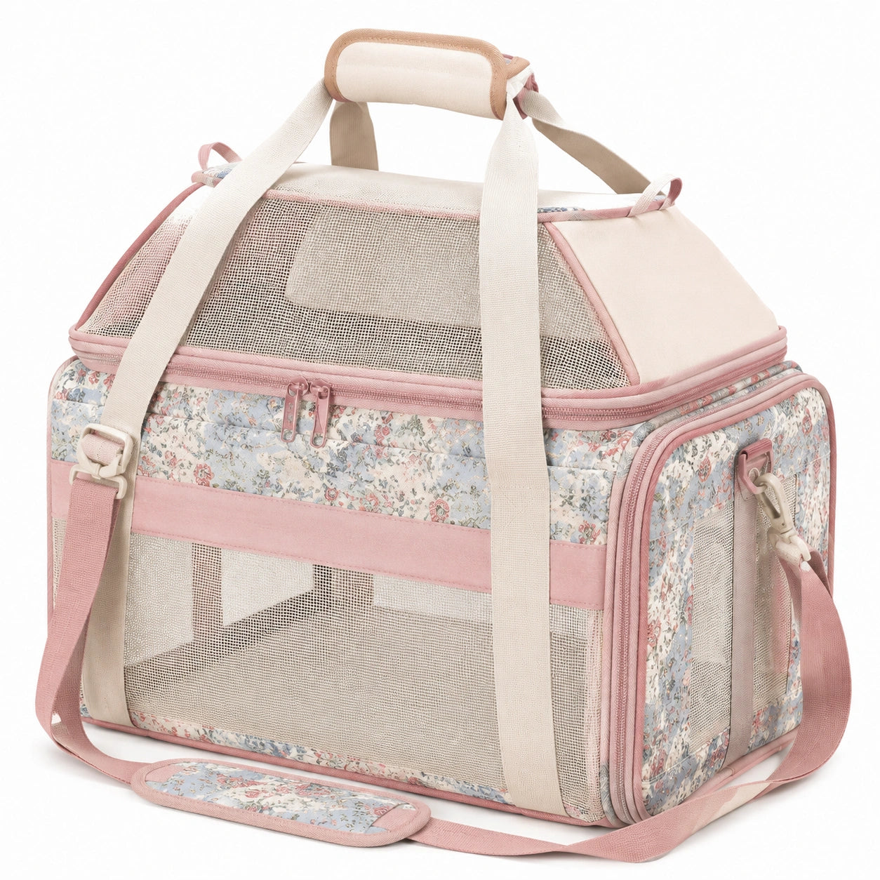 Sac de transport pour animaux 45 x 28 x 30 cm textile rose à fleurs aéré pliable