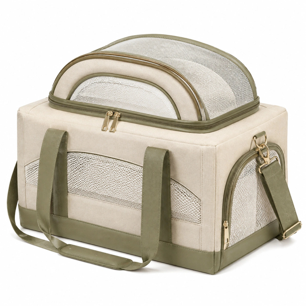 Sac de transport pour animaux 45 x 30 x 30 cm en tissu beige et vert avec maille