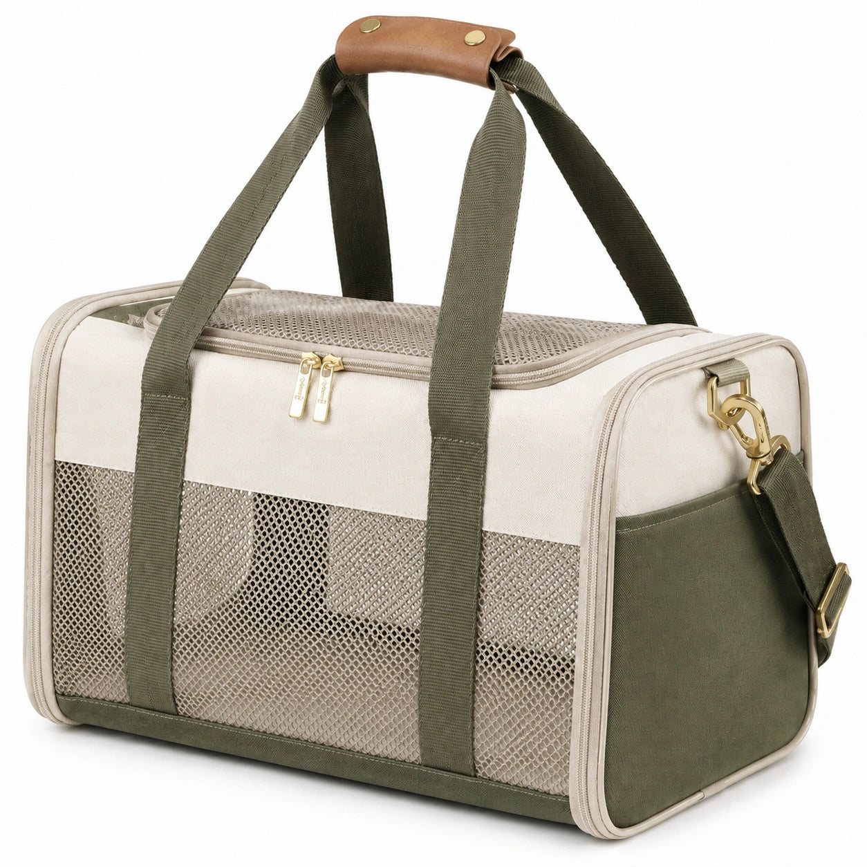 Sac de transport pour animaux 45 x 25 x 30 cm en textile beige et vert olive avec maille respirante