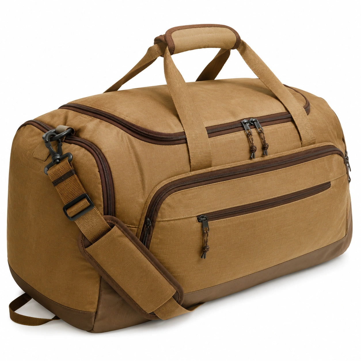 Sac de voyage 50 x 25 x 30 cm en tissu marron avec bandoulière réglable et poches zippées