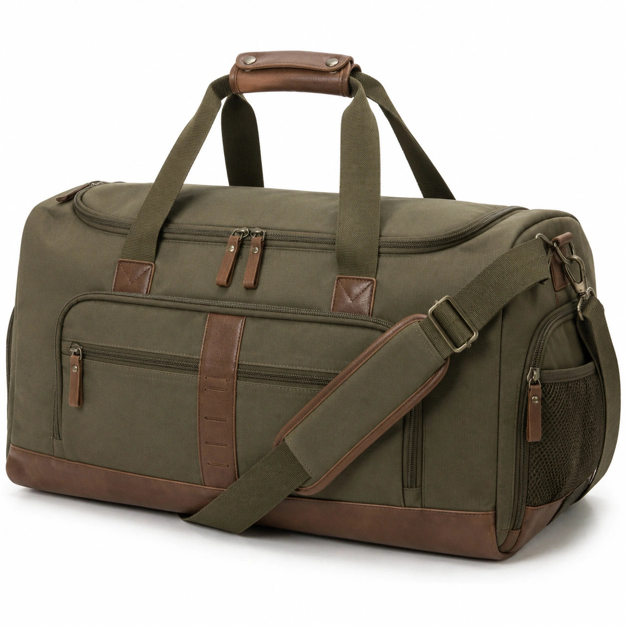 Sac de voyage 50 cm en textile vert kaki avec bandoulière réglable style utilitaire