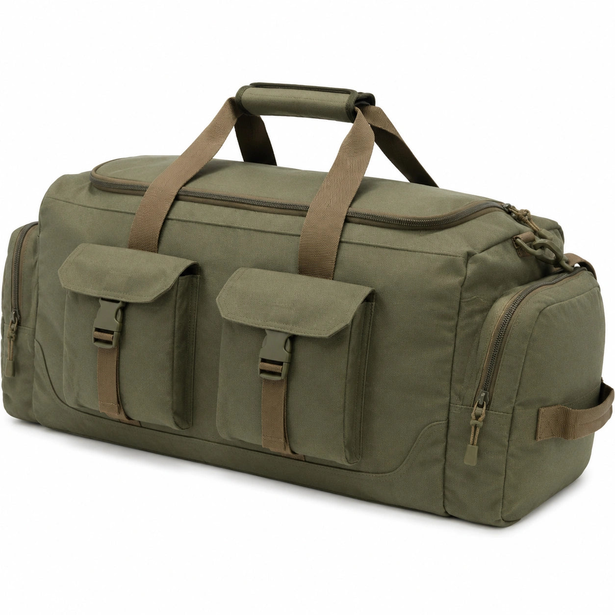 Sac de voyage 55 x 28 x 28 cm en tissu vert kaki avec poches multiples style utilitaire