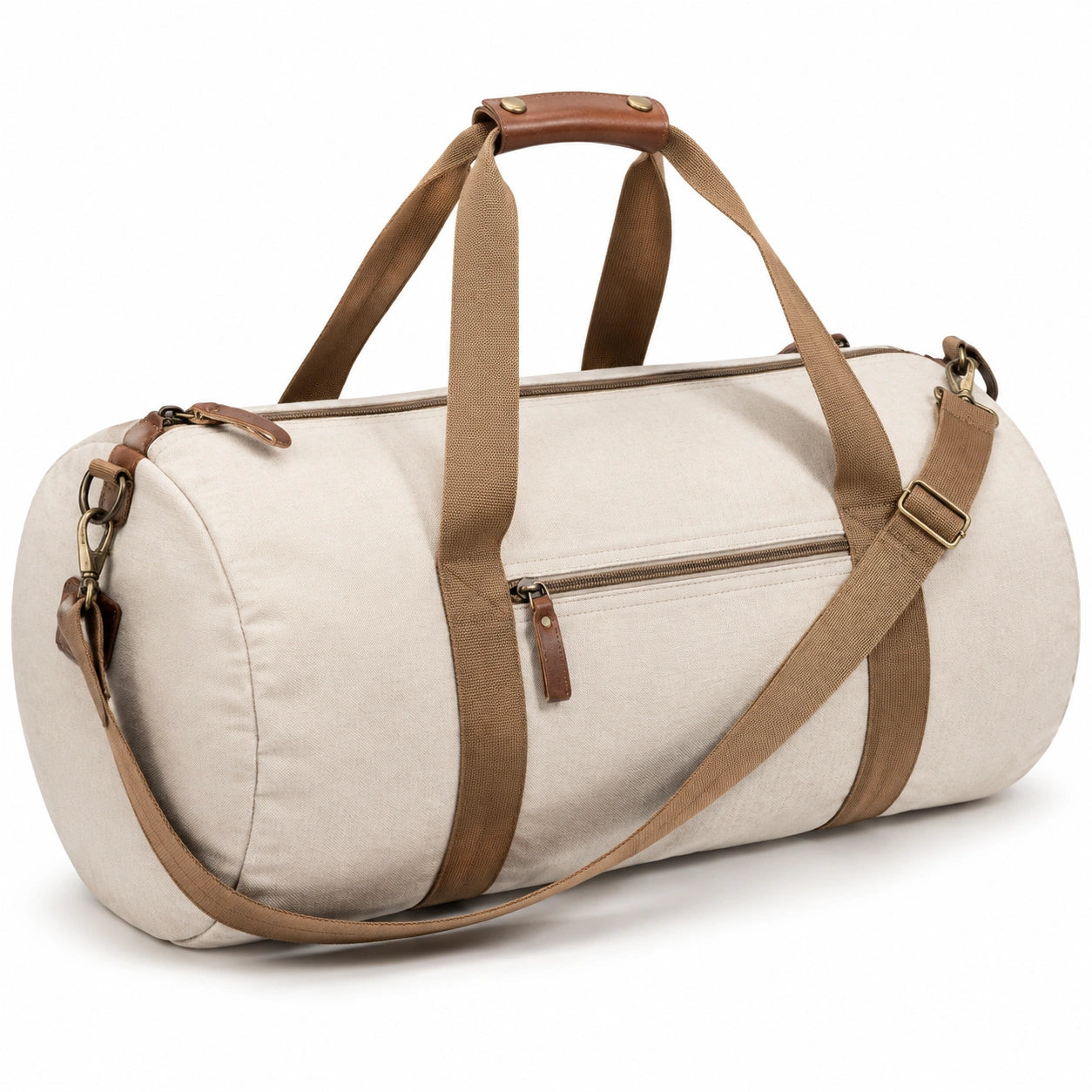 Sac de voyage cylindrique 50 cm en toile beige et marron avec bandoulière réglable