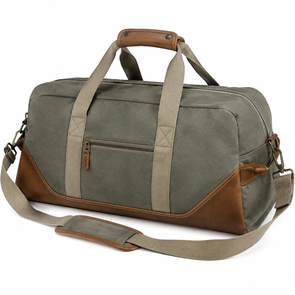 Sac de voyage 50 x 25 x 28 cm textile kaki et marron avec bandoulière style vintage