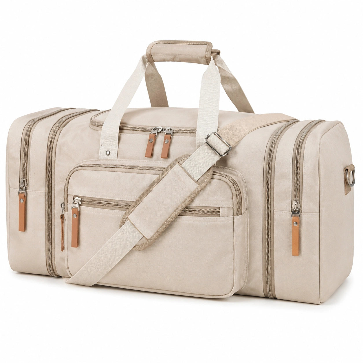 Sac de voyage 50 x 25 x 28 cm en tissu beige à compartiments multiples avec bandoulière réglable