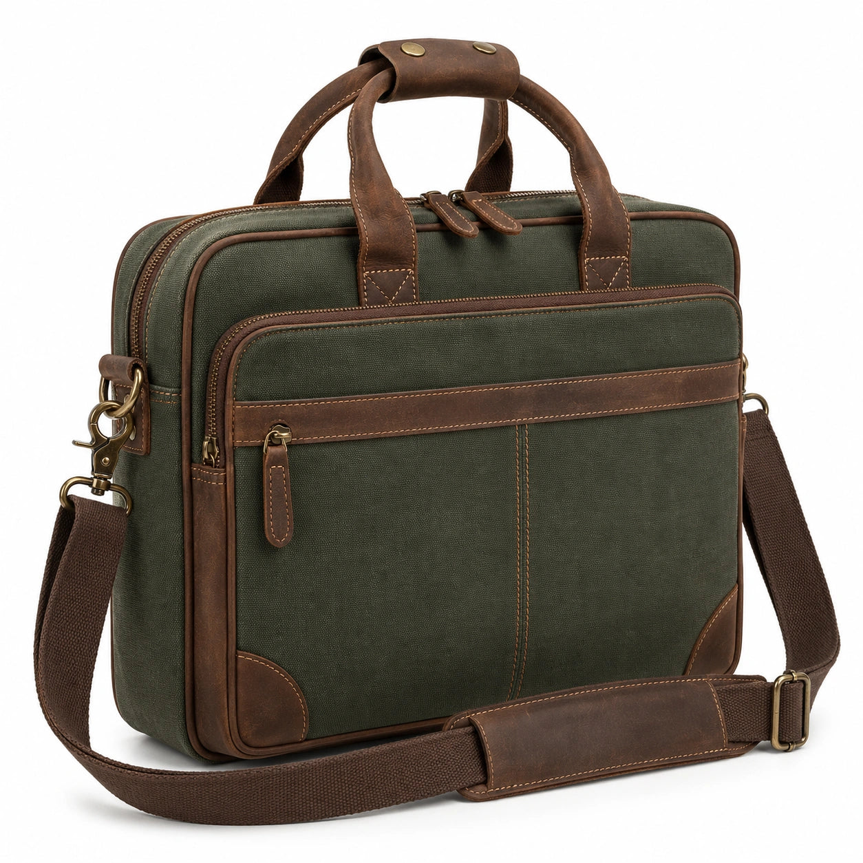 Sacoche pour ordinateur portable 15.6 pouces en toile vert foncé et marron avec bandoulière réglable