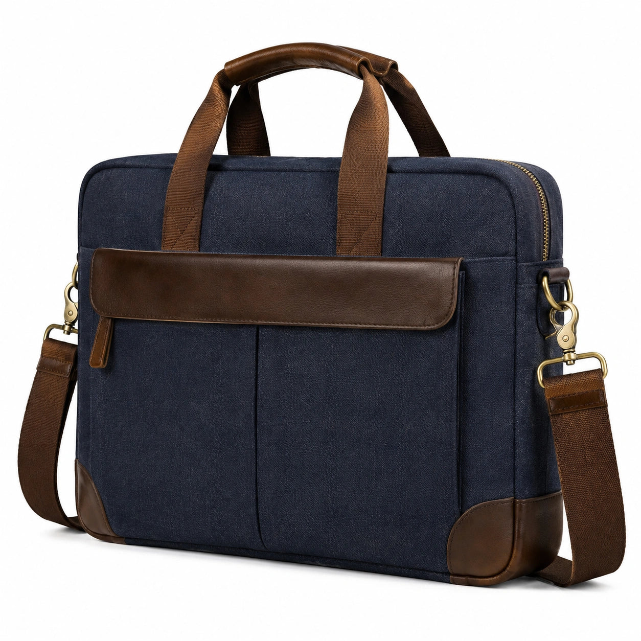 Sacoche ordinateur 40 cm en toile bleu marine et similicuir marron - bandoulière amovible