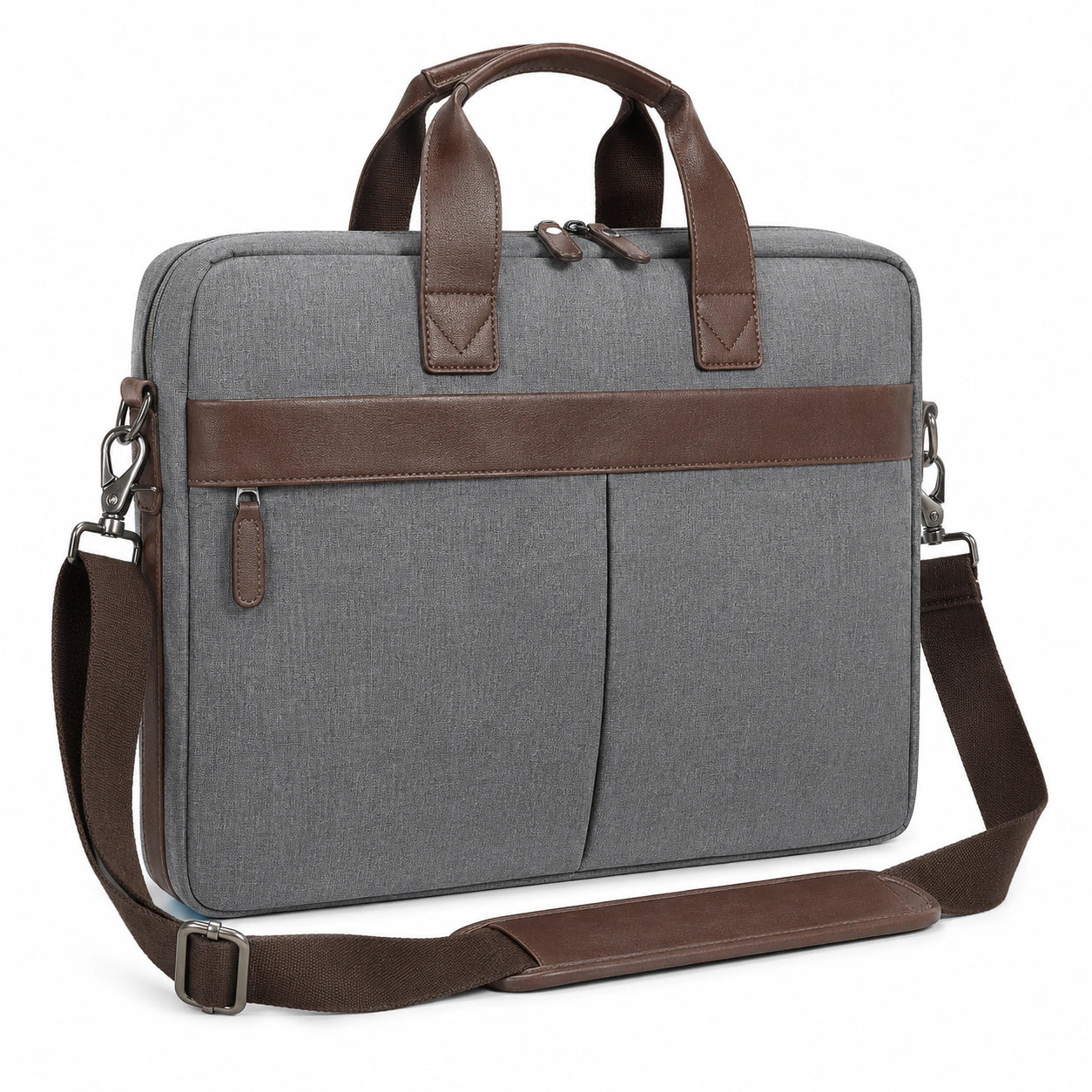 Sacoche pour ordinateur 40 cm en textile gris et similicuir marron avec bandoulière réglable