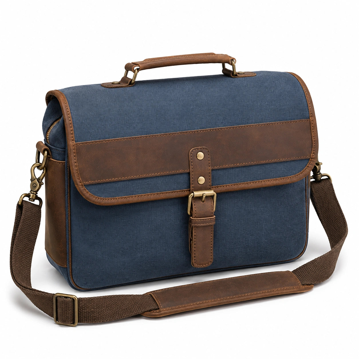 Sac bandoulière 38 x 12 x 28 cm en toile bleu marine et brun style vintage pour ordinateur